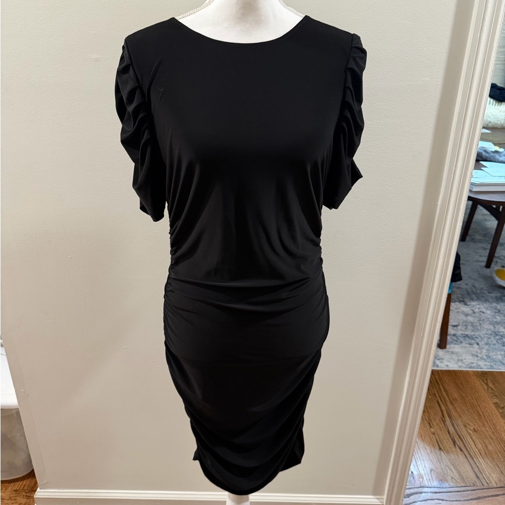 Elegant Black Ruched Sleeve Dress - Women